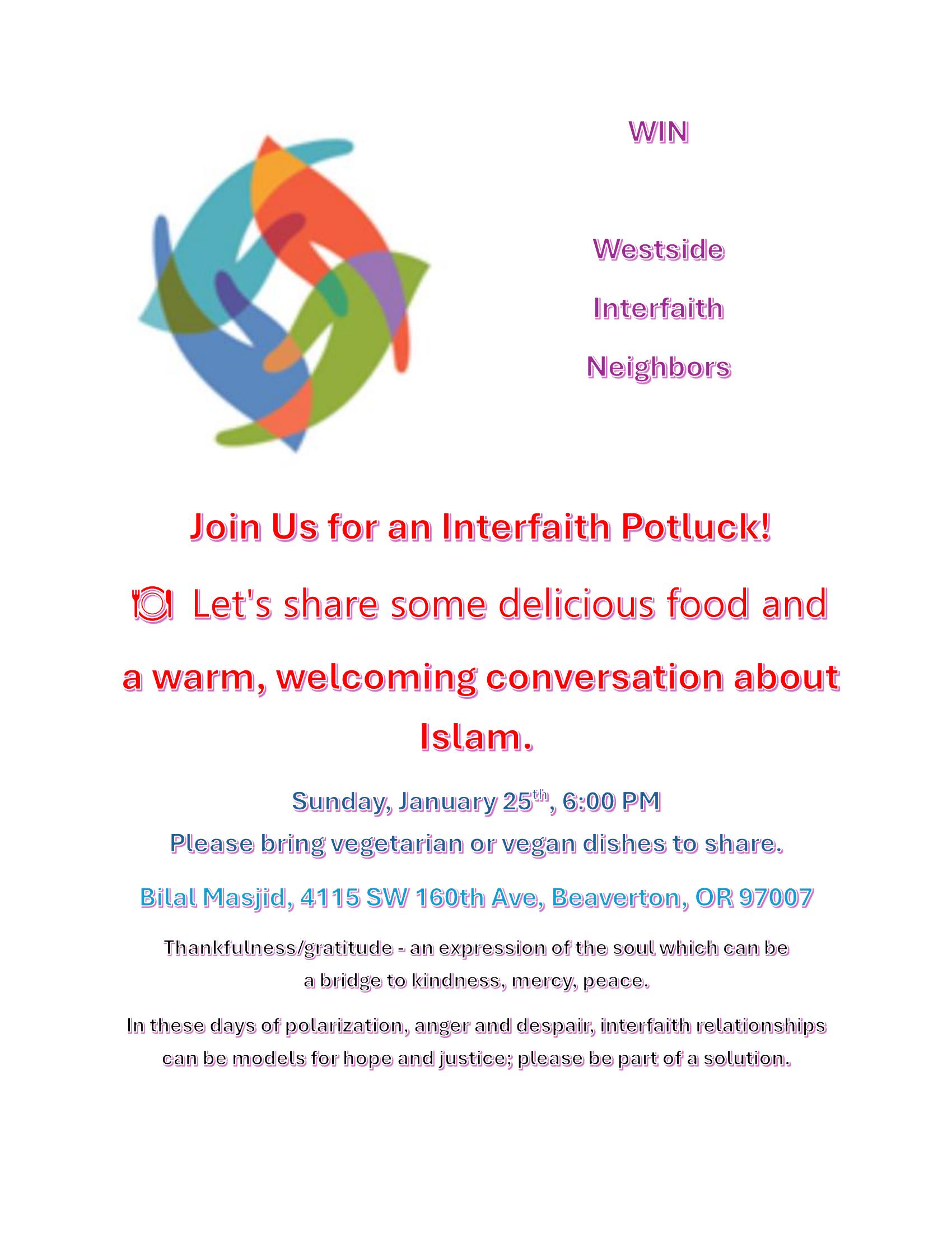 Interfaith Potluck flyer — January 25, 2026, Bilal Masjid.