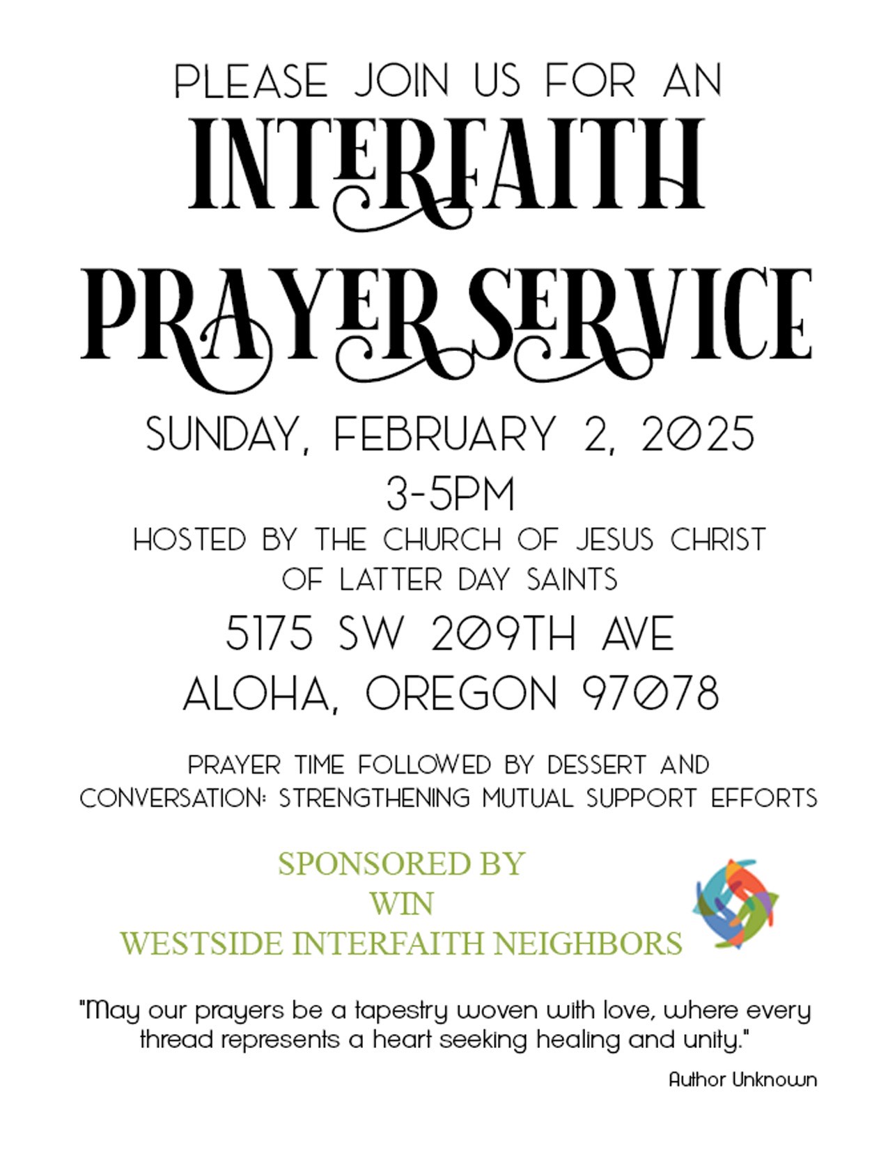 Interfaith Prayer Service flyer — February 2, 2025.