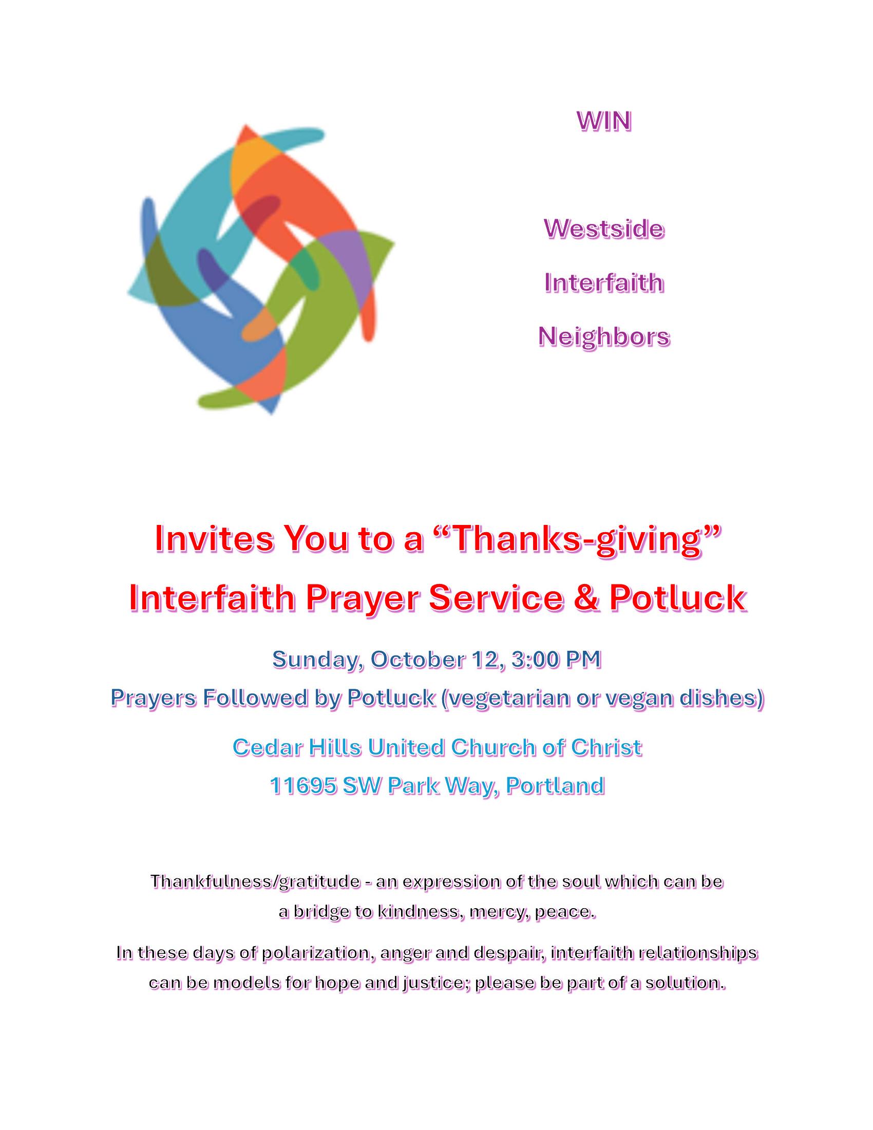 Thanks-giving Interfaith Prayer Service flyer — October 12, 2025.